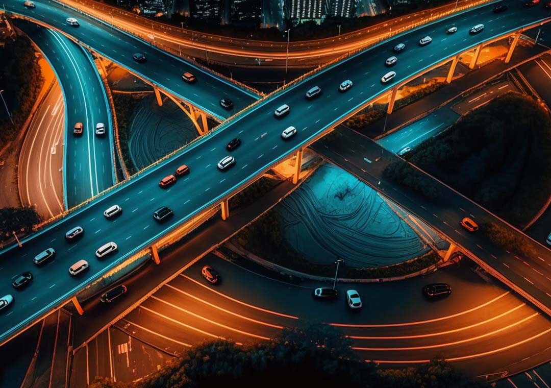 A fleet of connected cars showcasing IoT technology, leveraging SGP.32 for advanced vehicle communication and data sharing