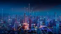 A futuristic city skyline illuminated with digital network overlays, representing global IoT connectivity and real-time data exchange in a smart city ecosystem.